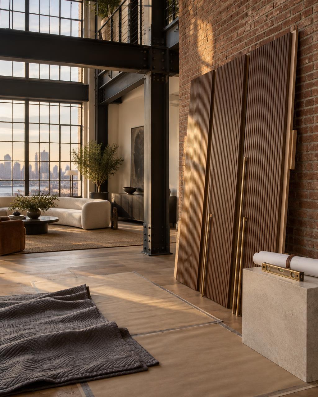 Fluted walnut panels staged in a brick-and-steel New York loft, mid-installation