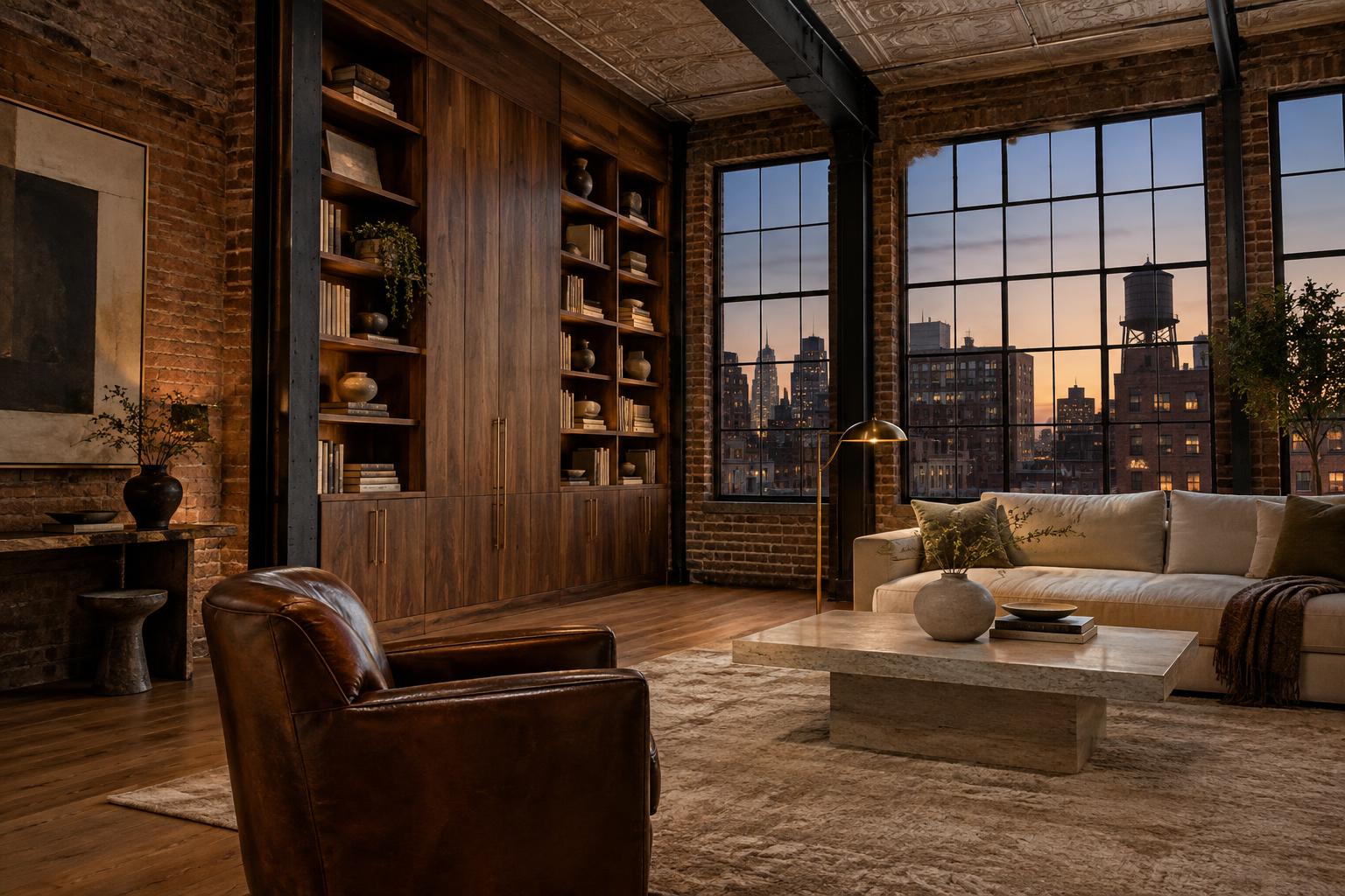 A book-matched walnut library wall in a New York loft, warm evening light