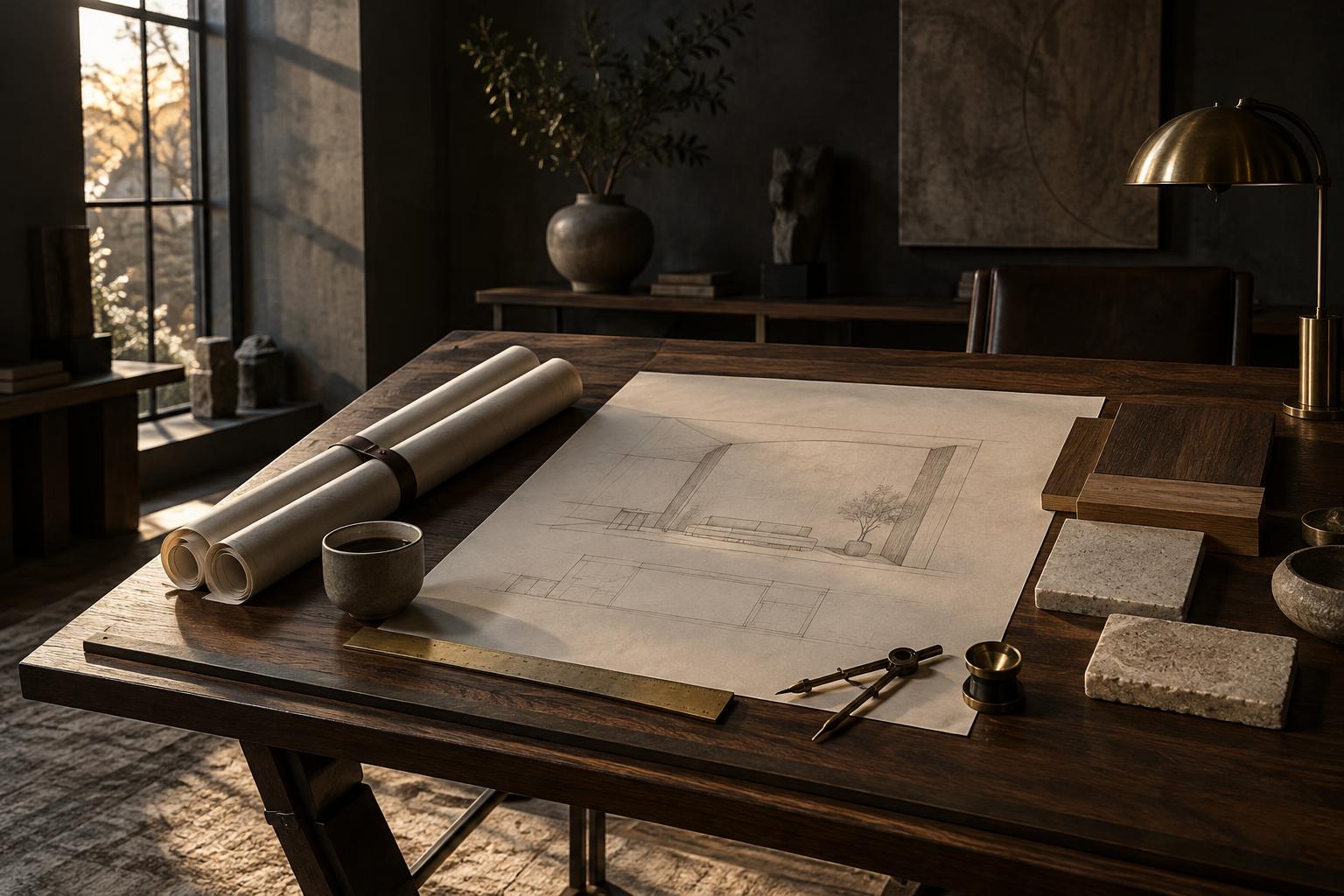 Drafting table in a darkened studio with a hand-drawn interior perspective, rolled plans, brass tools and timber samples