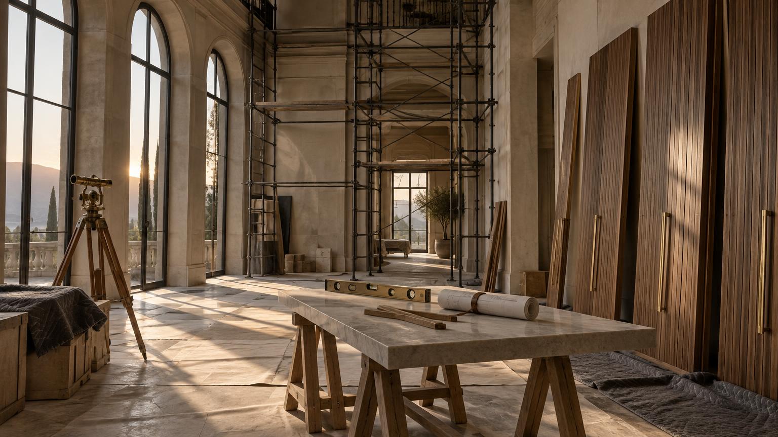 A grand room mid-renovation: scaffolding beside a tall arched window, fluted walnut panels stacked ready to install, tools laid on a stone bench