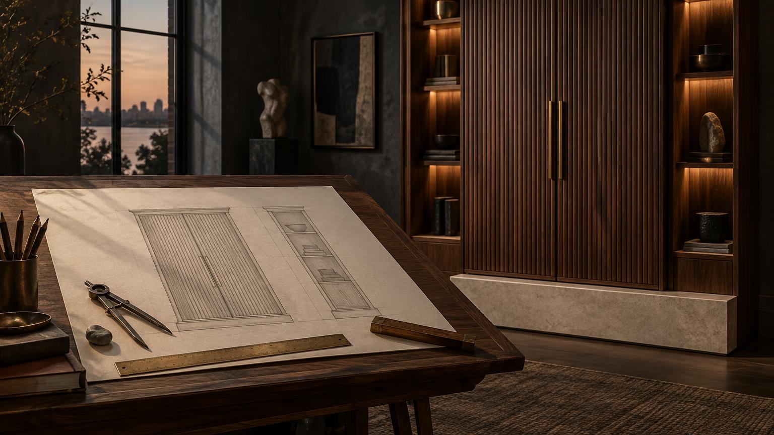 A pencil concept sketch of a fluted cabinet on a walnut drafting table, with the finished cabinet standing behind it