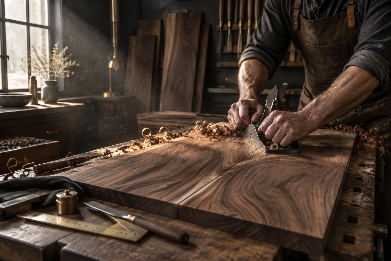 Craftsman smoothing a book-matched walnut panel at the bench